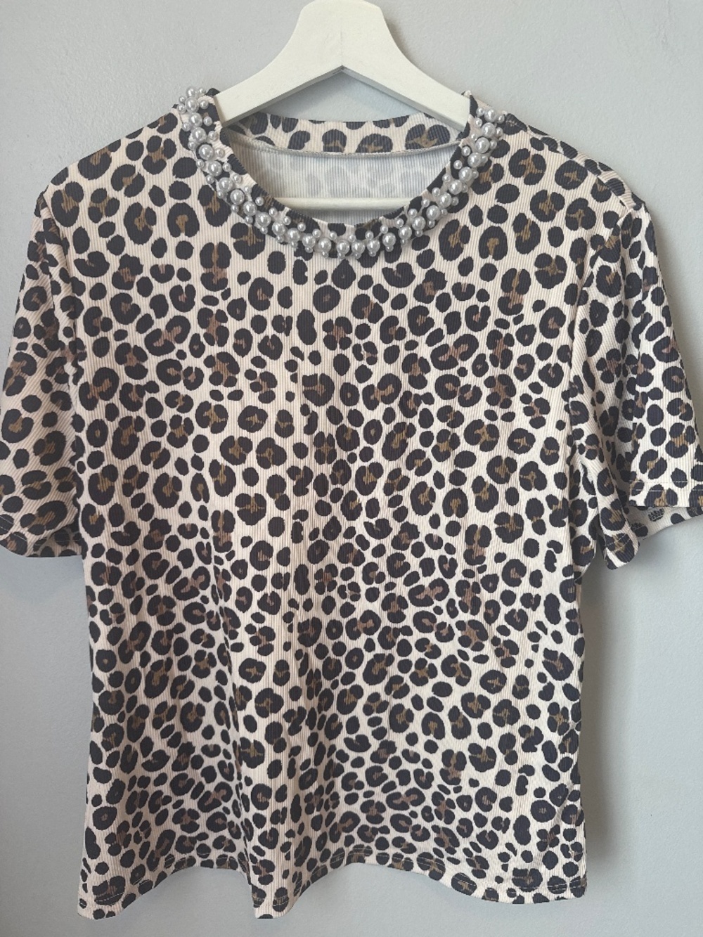 SHEIN animal print ribbed tee with faux pearl neckline